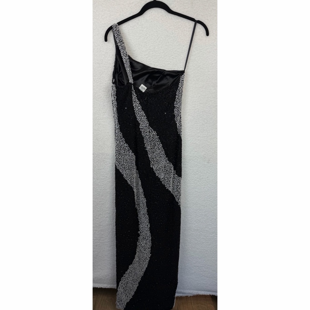 (VTG) SCALA • Black/White One-Shoulder Beaded Formal Maxi Gown w/ Side Slit, S - Picture 9 of 15